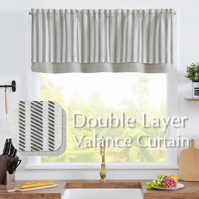 jinchan Striped Linen Valance Curtain Blackout Double Layer Valance - Image 3