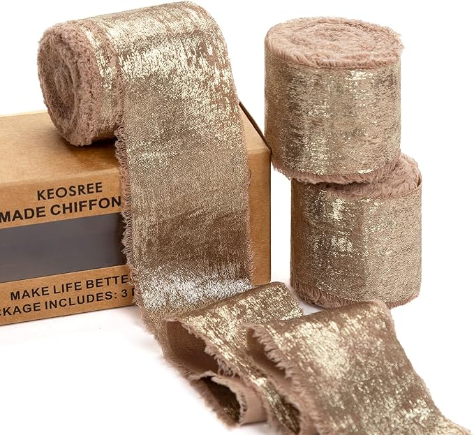 Light Brown Silk Chiffon Ribbon, Frayed Shimmery Silk Ribbon by KEOSREE