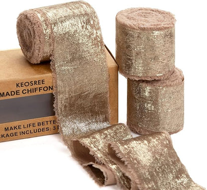 Light Brown Silk Chiffon Ribbon, Frayed Shimmery Silk Ribbon by KEOSREE