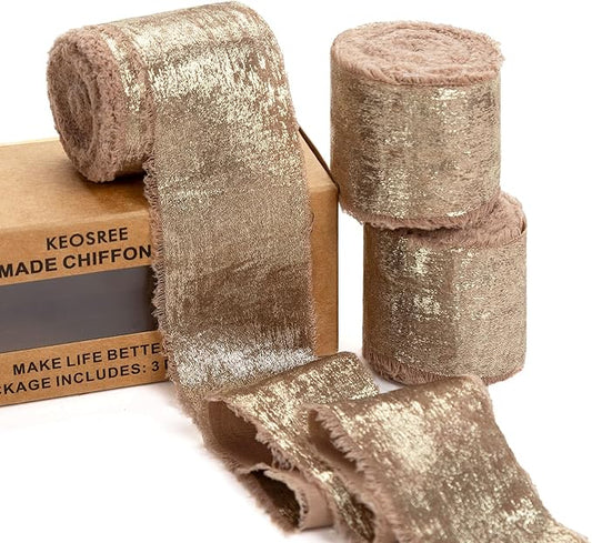 Light Brown Silk Chiffon Ribbon, Frayed Shimmery Silk Ribbon by KEOSREE