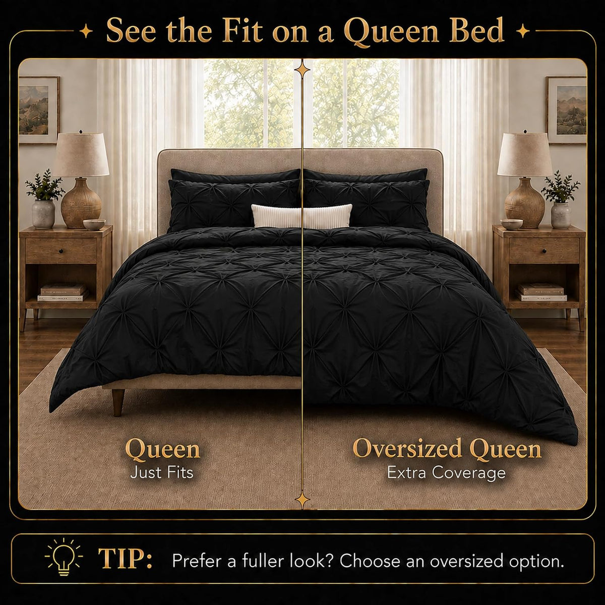 cozylux queen comforter set black, 7 pieces pintuck shown in use