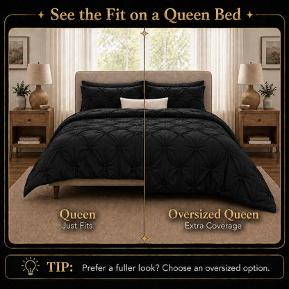 cozylux queen comforter set black, 7 pieces pintuck shown in use