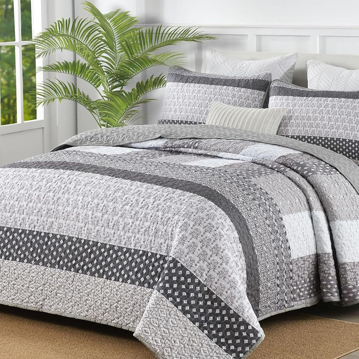 wongs bedding grey queen size quilt set, boho, main product view