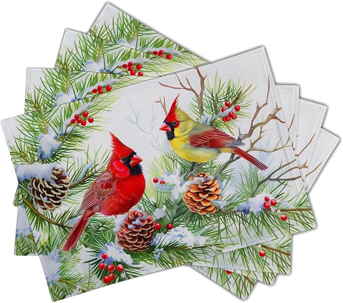Giwawa Winter Birds Placemats Set of 4, Christmas Tree Holly Berry Pine Cones - Image 2