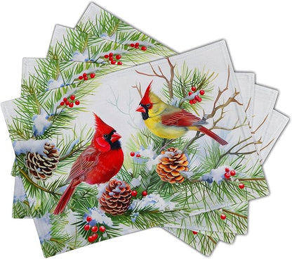 Giwawa Winter Birds Placemats Set of 4, Christmas Tree Holly Berry Pine Cones - Image 2