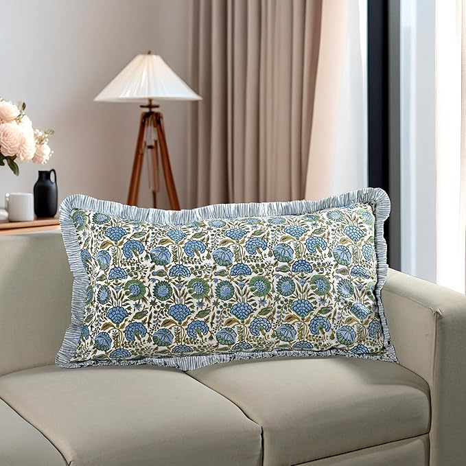 Ridhi Asparagus Green 100% Cotton Block Print Ruffle Bed Sham Cover 20''×36'' - Image 6