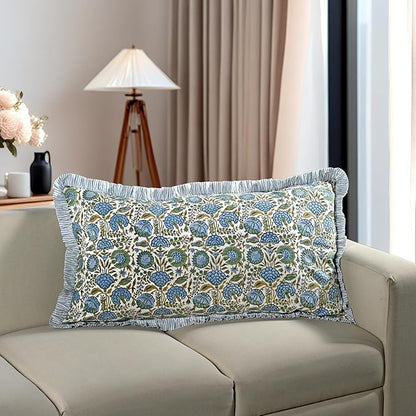 Ridhi Asparagus Green 100% Cotton Block Print Ruffle Bed Sham Cover 20''×36'' - Image 6