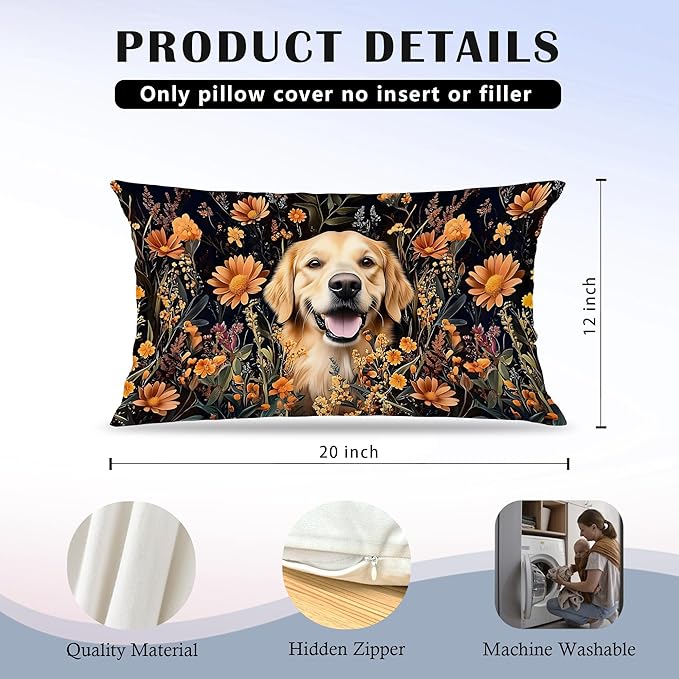 Moody Floral Golden Retriever Pillow Covers 12x20 Set of 2, Gifts - Image 5
