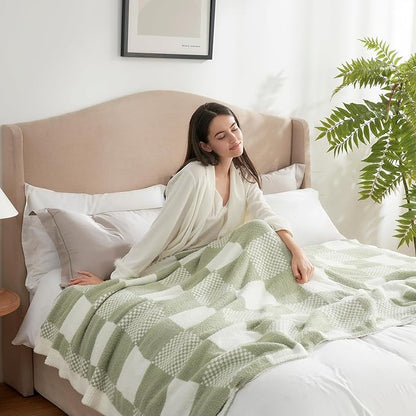 Snuggle Sac Checkered Blanket, Sage Green Throw Blanket - Image 5
