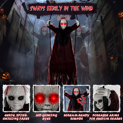Halloween Decorations Outdoor, Creepy 57” Hanging Swinging Ghost Doll Girl, Sound/Touch Activated Hanging Ghost, Light-Up Red Eyes Halloween Haunted House Prop for Porch Yard Tree Garden Graveyard