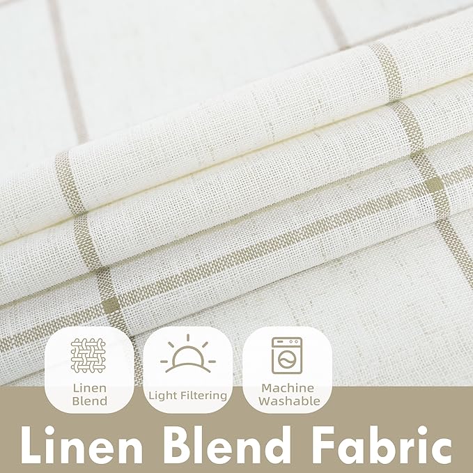 DriftAway Kitchen Curtains Striped Tier Linen Short Curtains Windowpane Plaid - Image 2