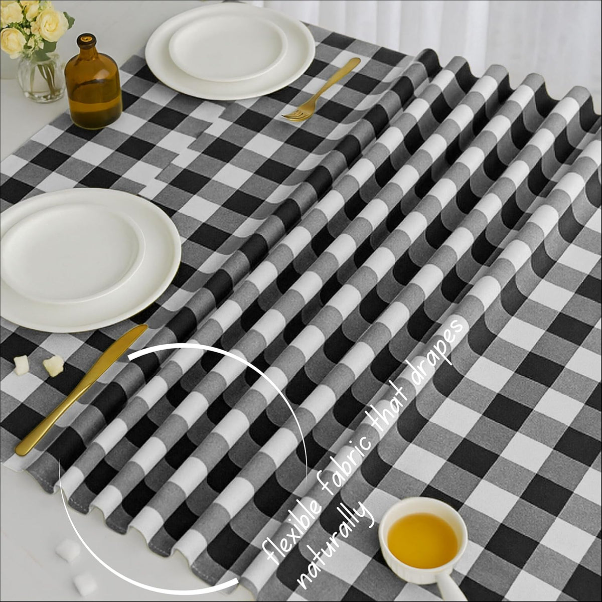 Native Fab Buffalo Check Tablecloth, 100% Cotton, 60x102 Inches, Classic Farmhouse Dining Table Cover, Perfect for Weddings, Halloween, Holiday Gatherings, Indoor Outdoor Décor, Black and White