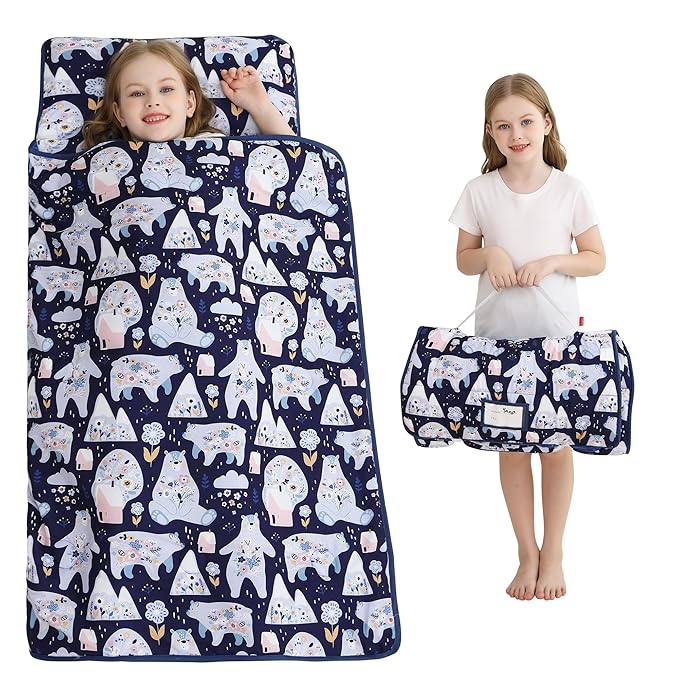 Viviland Toddler Kid Nap Mat for Preschool, Girls Deep Blue Bear Slumber Bag by VIVILAND