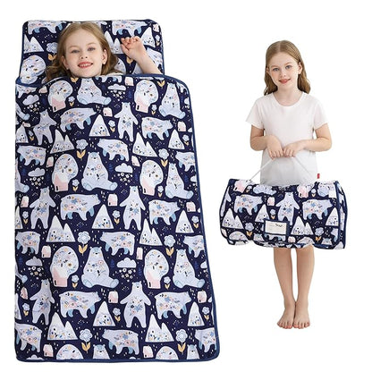 Viviland Toddler Kid Nap Mat for Preschool, Girls Deep Blue Bear Slumber Bag by VIVILAND