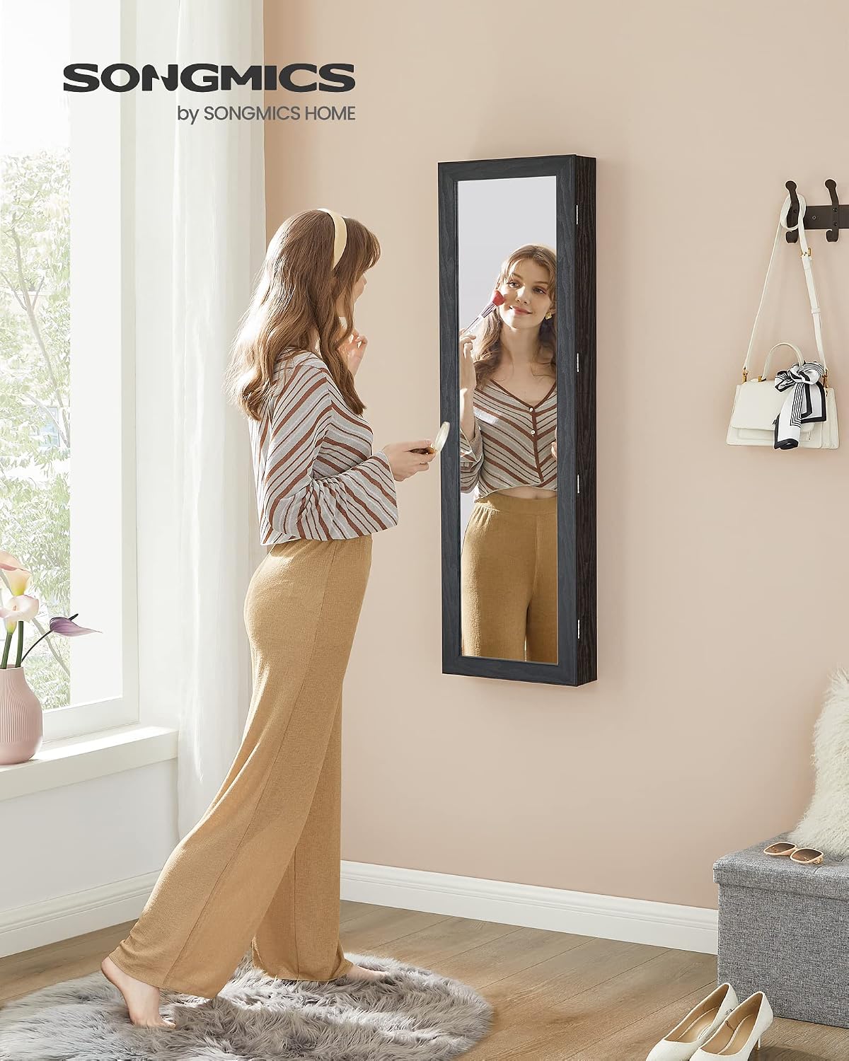 songmics 6 leds mirror jewelry cabinet, 47.2-inch tall shown in use