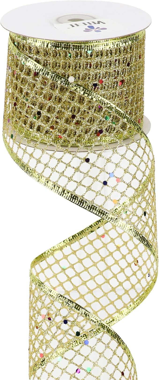 MEEDEE Gold Glitter Christmas Ribbon 2.5 Inch Square Mesh Net Wired Ribbons by MEEDEE
