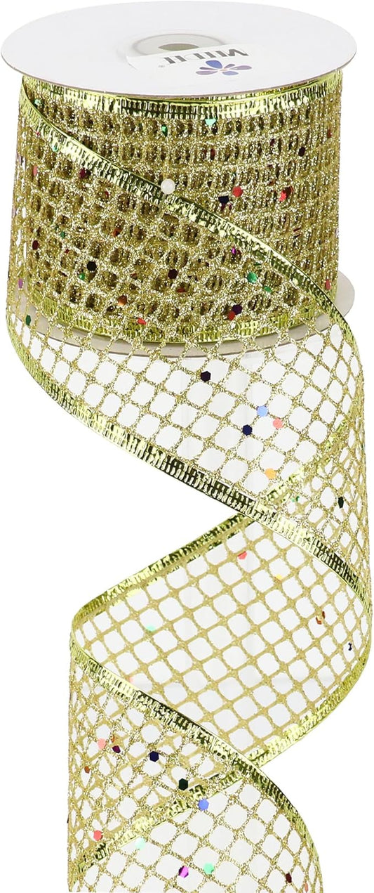 MEEDEE Gold Glitter Christmas Ribbon 2.5 Inch Square Mesh Net Wired Ribbons by MEEDEE