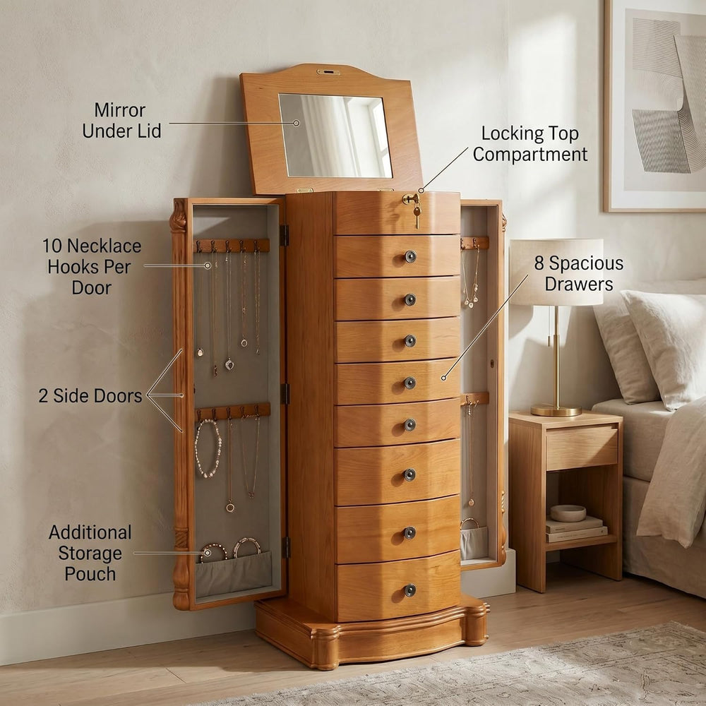 Hives & Honey Henry Standing Locking Jewelry Armoire with Mirror, 8-Drawe...