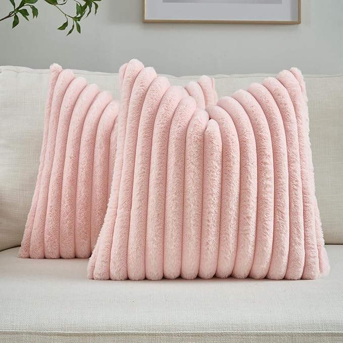 FUTEI Pink Throw Pillow Covers Set of 2, 22x22 Inch Striped Texture Cushion by FUTEI