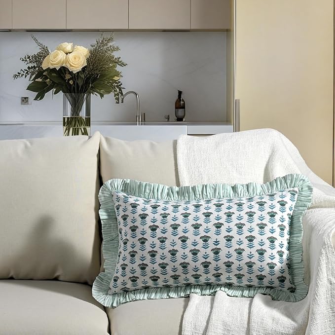 Ridhi Aquamarine Blue 100% Cotton Block Print Ruffle Bed Sham Cover 20''×36'' - Image 2