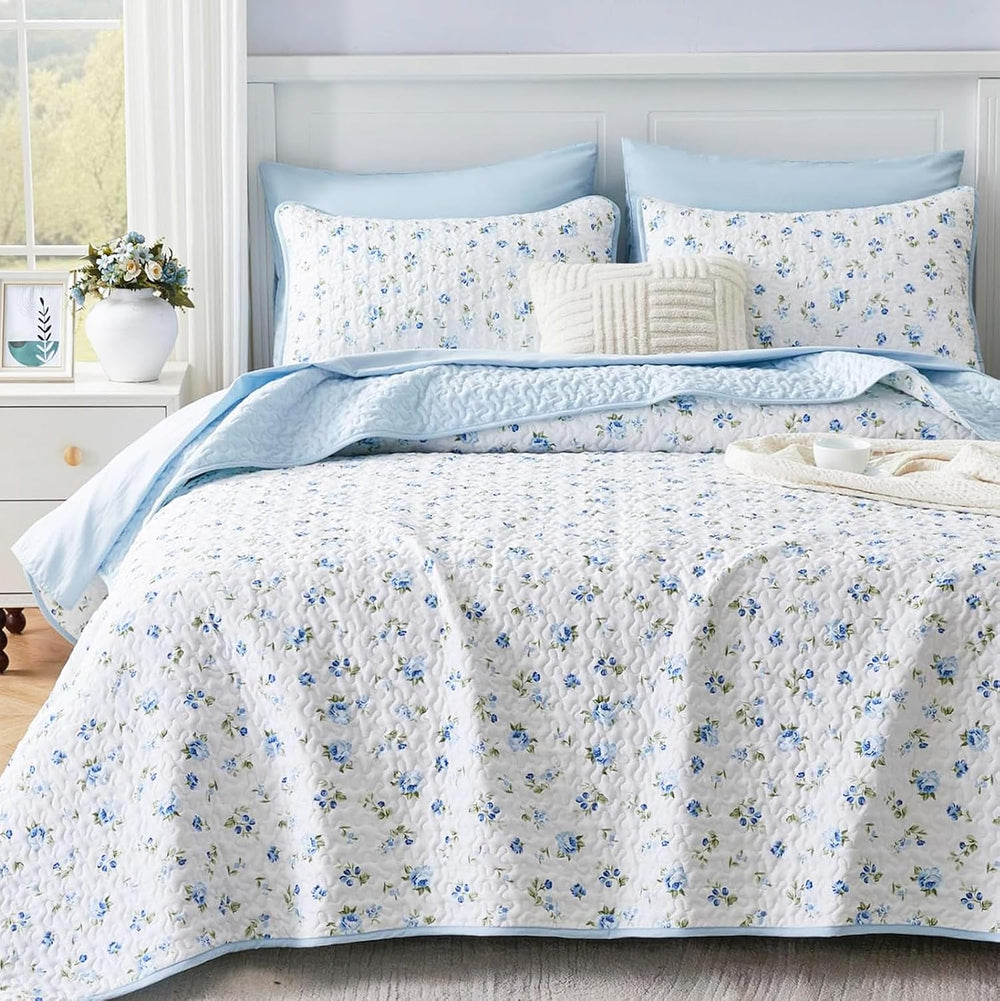 Queen/Full Size Floral Quilt Set Blue Shabby Chic Flower Bedspreads Set