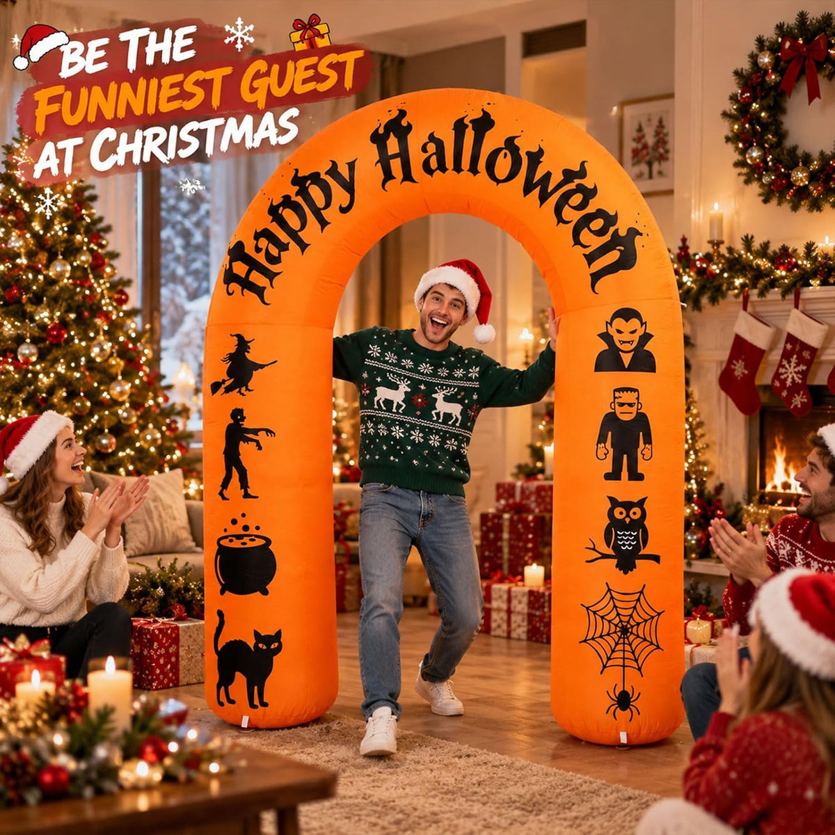 8FT Halloween Inflatable Arch with LED Lights, Orange, Happy Halloween Archway with Witch, Zombie, Vampire, Frankenstein, Owl, Spider, Black Cat for Indoor Outdoor Decor