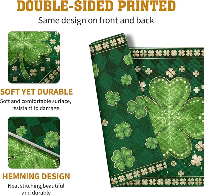 Green Shamrock St Patricks Day Placemats Set of 4 Lucky Clover Plaid Check - Image 5