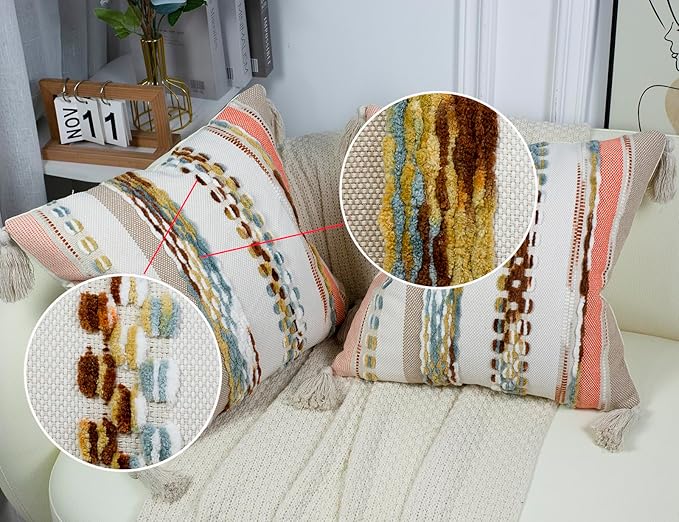 PANOD Chenille Farmhouse Throw Pillow Covers 18 x 18 Orange, Neutral Boucle - Image 3