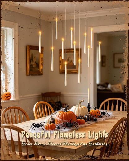 30PCS Floating Candles with Wand Remote, Flameless Hanging Taper Candles with Flickering Warm Light, Battery Operated Magic Candles for Halloween Indoor Ceiling Decor, Hallway, Bedroom, Party