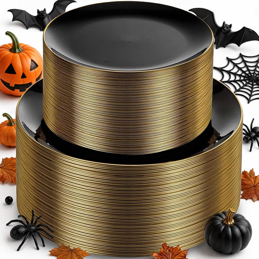 KIRE 100PCS Black and Gold Plates - Black Plastic Plates Disposable with Gold Rim Include 50Pcs 10.25inch Dinner Plate and 50Pcs 7.5inch Dessert/Salad Plate for Party/Wedding/Halloween/New Year