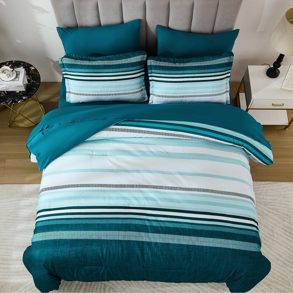Dobuyly Teal Queen Comforter Set 7 Pieces, Blue Boho Striped Bed in a Bag Que...