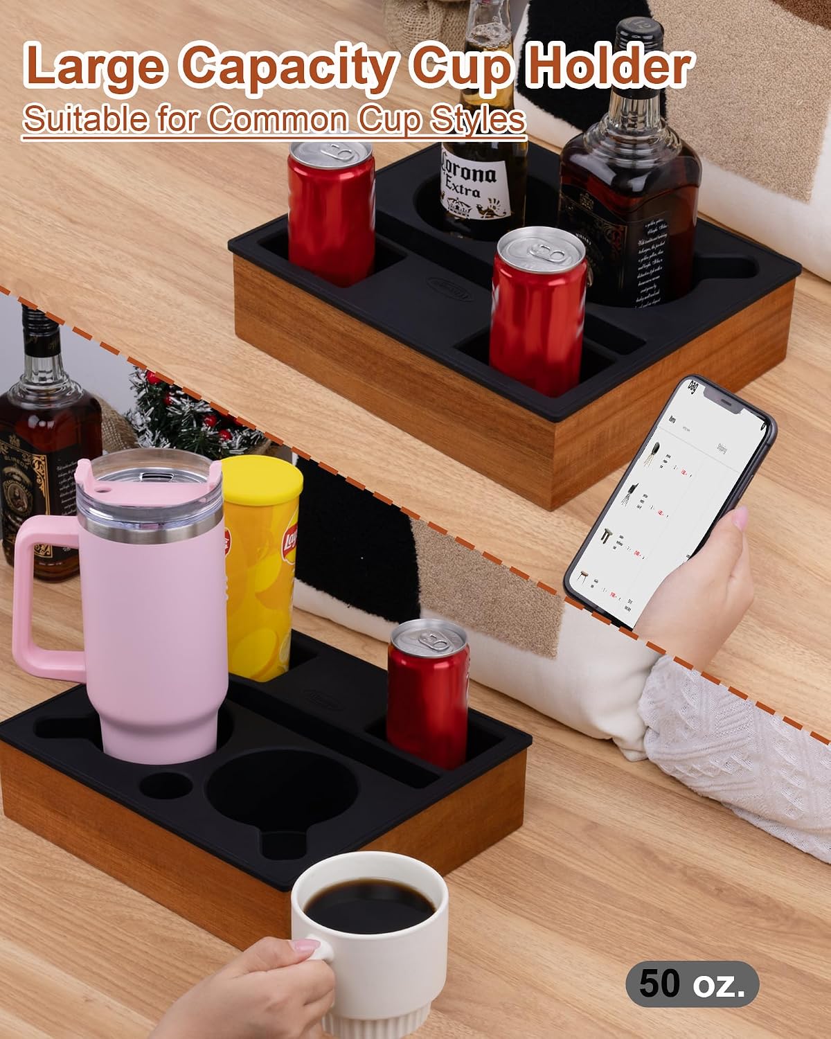 couch cup holder tray, portable silicone acacia wooden, close-up detail