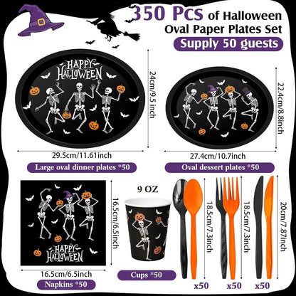 Pajean 350 Pcs Halloween Oval Paper Plates Set 12 inch Skeleton Oval Plates