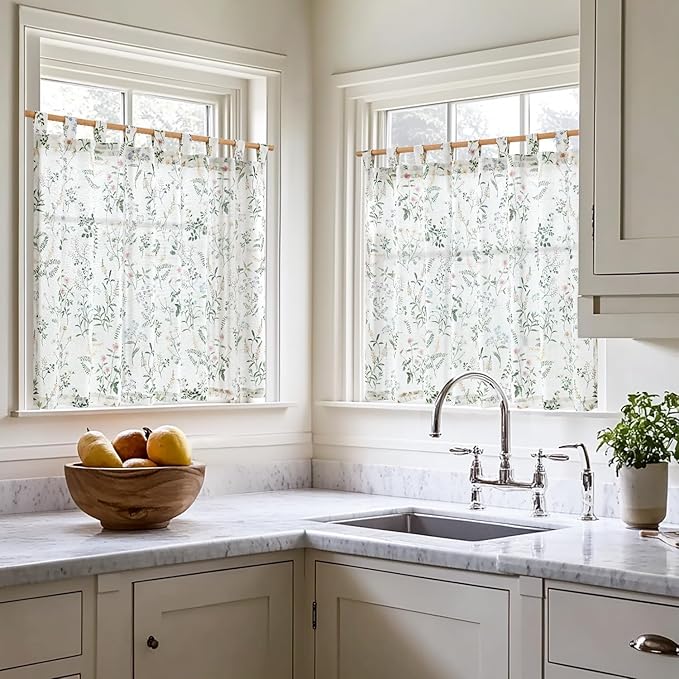 JINCHAN Linen Kitchen Curtain Floral Printed Tier Curtain 36 Inch Farmhouse - Image 2