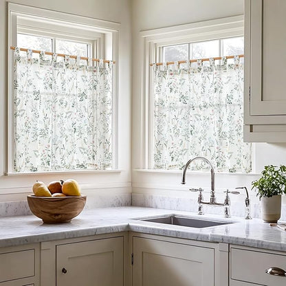 JINCHAN Linen Kitchen Curtain Floral Printed Tier Curtain 36 Inch Farmhouse - Image 2