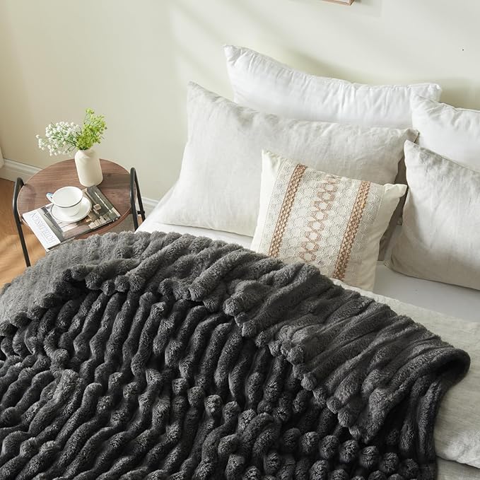 NEWCOSPLAY Super Soft Queen Blanket Grey Premium Silky Flannel Fleece 3D Ribbed - Image 9