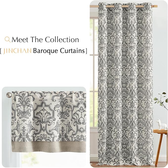 jinchan Linen Valance Curtain for Kitchen Vintage Damask Floral Blackout - Image 9