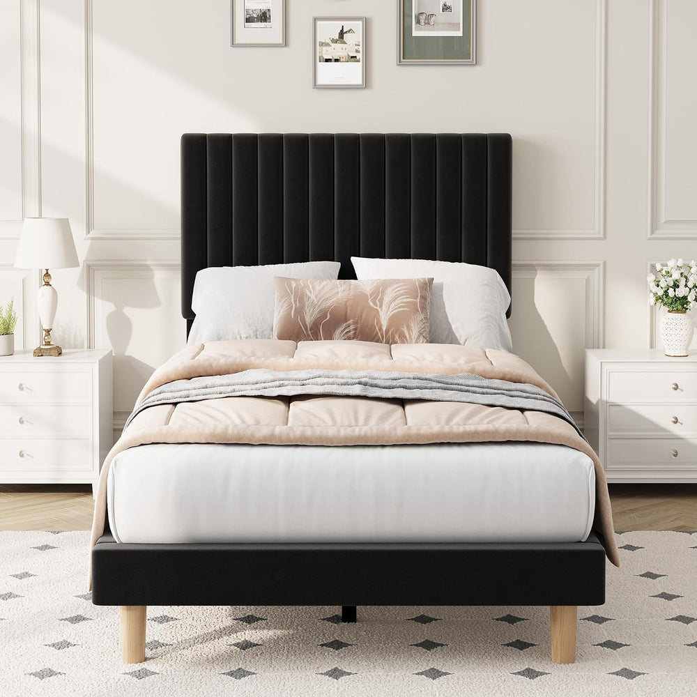 Twin Bed Frame with Adjustable Headboard, Velvet Upholstered Platform Bed
