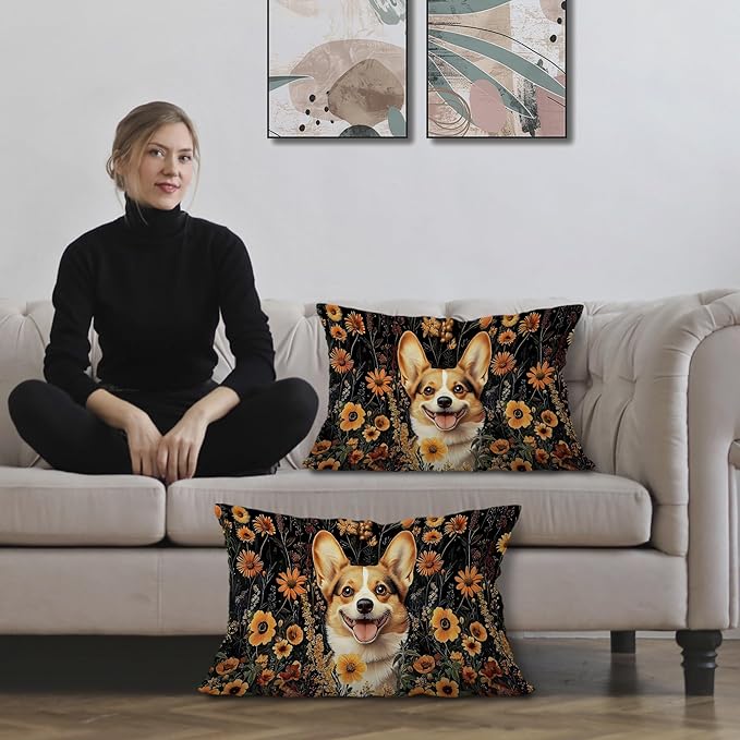 Moody Floral Corgi Pillow Covers 12x20 Set of 2, Gifts - Image 2