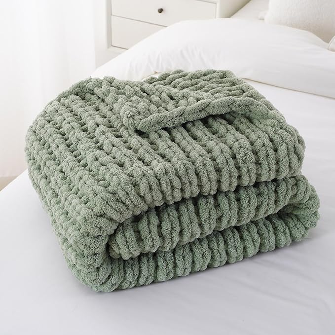 Battilo Sage Green Chunky Knit Throw Blanket, Soft and Thick Chenille Throw - Image 6