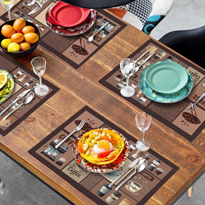 Coffee Theme Placemats Set of 4 Farmhouse Style Brown Linen Fabric Table Mat - Image 7