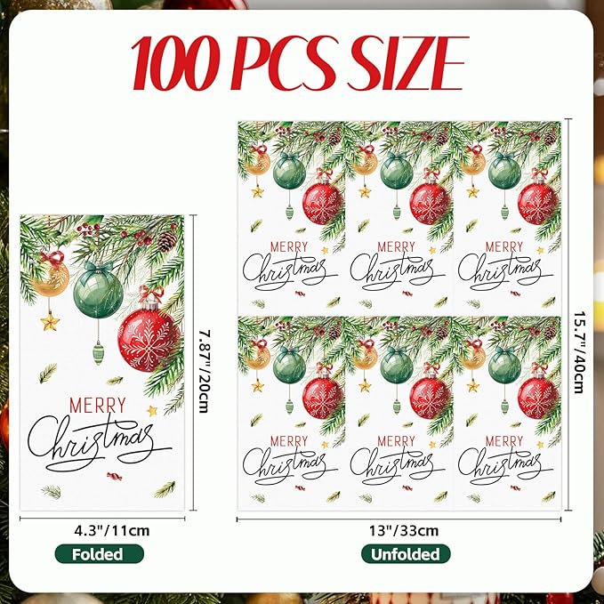 100 PCS Christmas Paper Napkins, Disposable Xmas Ornament Bathroom Guest Hand - Image 2