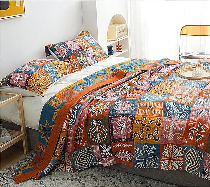Cotton Throw Boho Blanket for Couch Bed, Cotton Quilted Boho 80''x90'' Muslin - Image 7