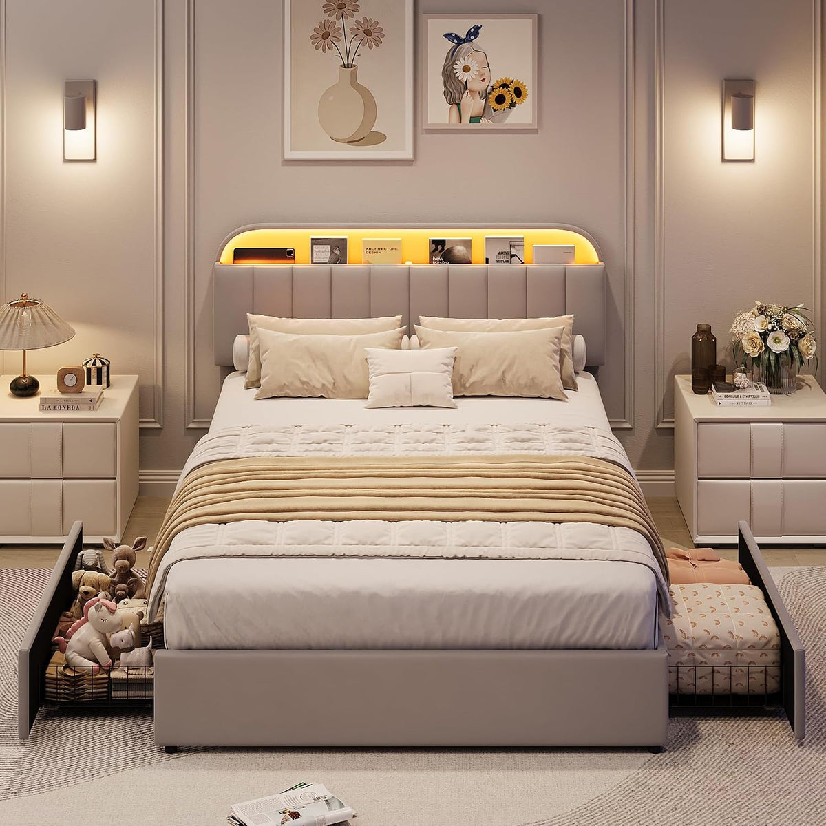 garveehome full bed frame, platform bed with storage showing dimensions