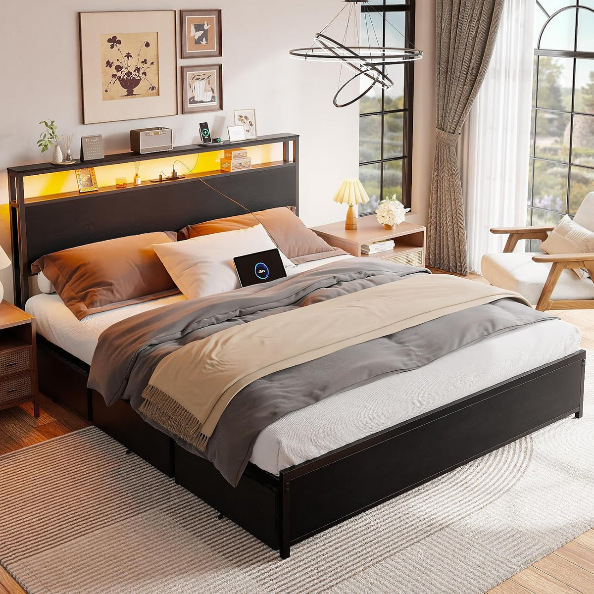 forestell queen bed frame with 2-tier storage headboard, view 9