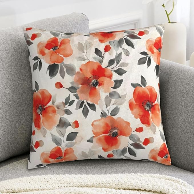Fall Burnt Orange Floral Throw Pillow Covers 18x18 Inch Set of 2, Modern - Image 4