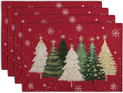 Red Christmas Tree Placemats Set of 4, 12x18 Inch Xmas Trees Snowflakes Winter by Wnoesat