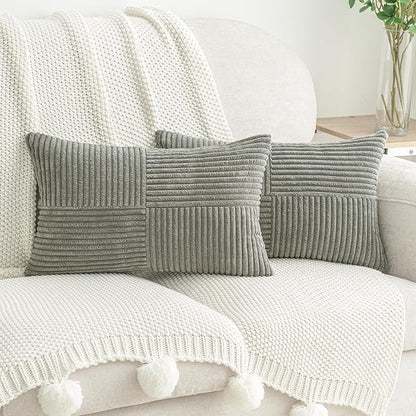 HWY 50 Gray Grey Corduroy Patchwork Throw Pillow Covers 12x20 Inch Rectangle by HWY50