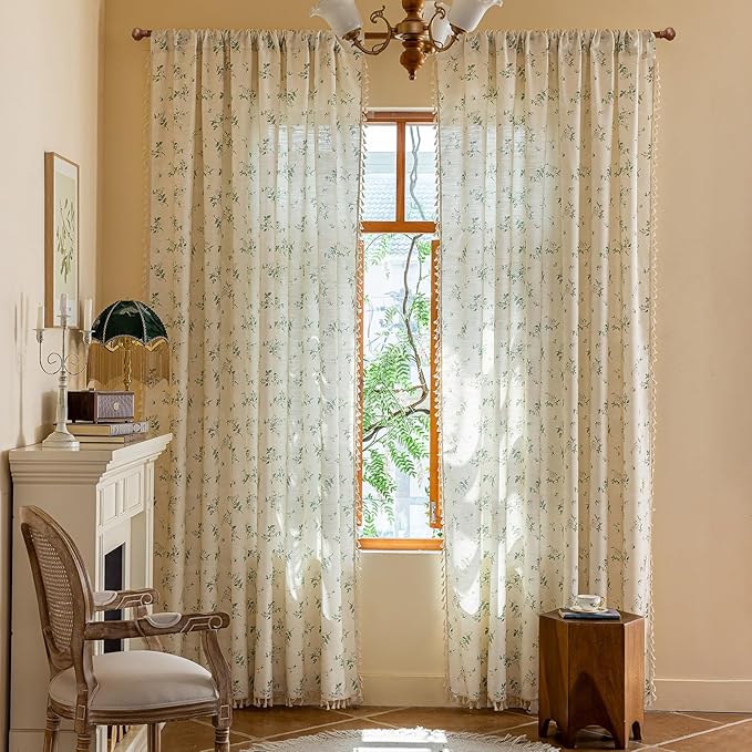 ENJOYBRIDAL White Floral 63 Inch Curtains 2 Panel Set Bedroom Tassel Drapes by ENJOYBRIDAL