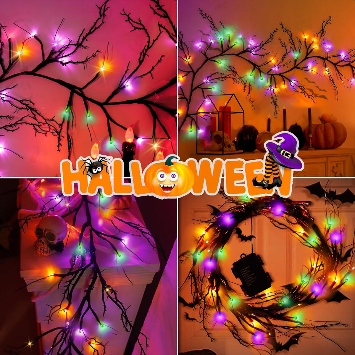 9Ft 72 LED Halloween Willow Vine Twig Garland with Lights - 8 Modes & Timer, Orange,Purple and Green, Waterproof Battery Operated for Mantle, Wall, Fireplace, Indoor Halloween Decorations